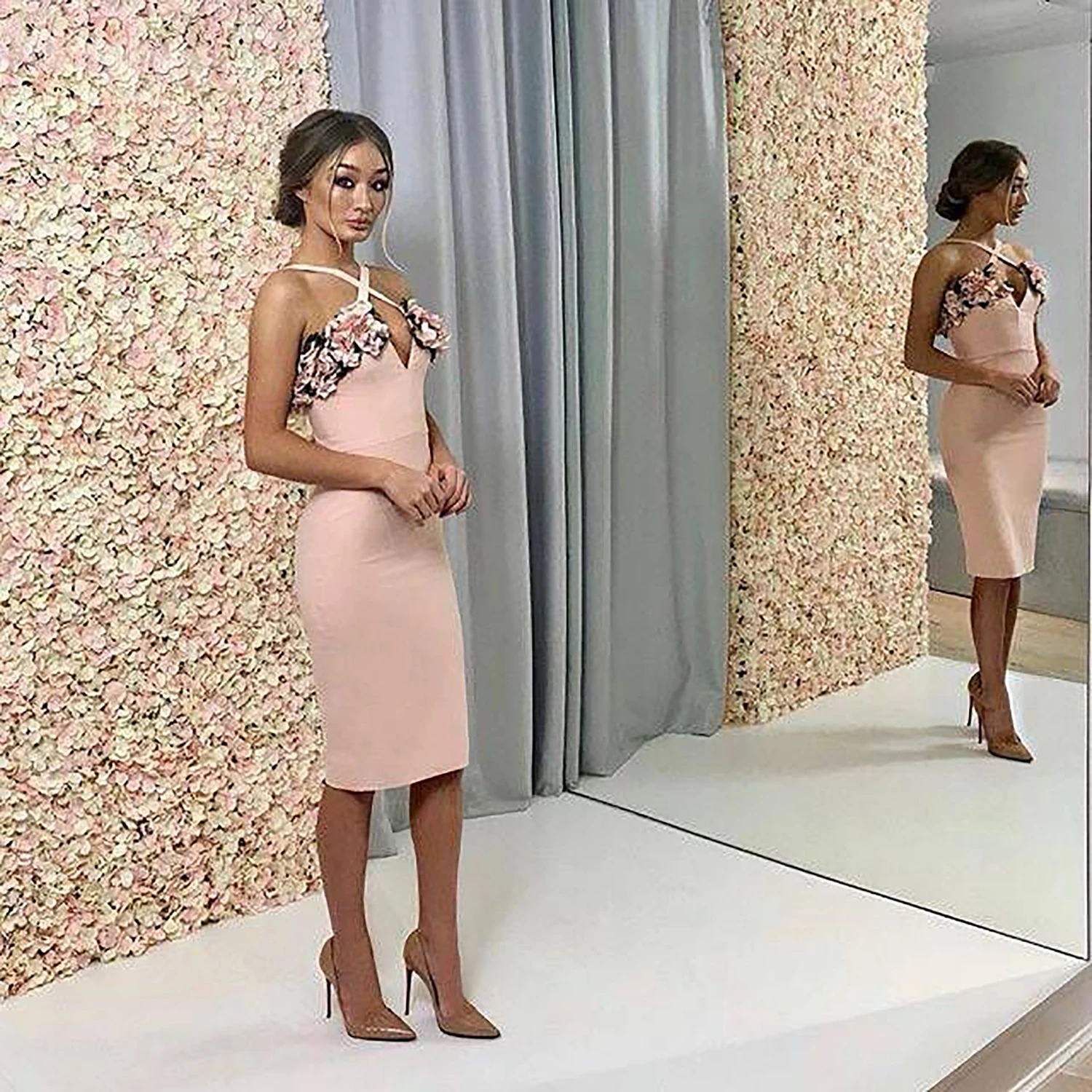 MEQEISS Для женщин Бандажное платье Vestido/новое летнее знаменитости вечерние платье розового цвета с цветочными рюшами в стиле пэчворк на тонких бретелях Клубное платье