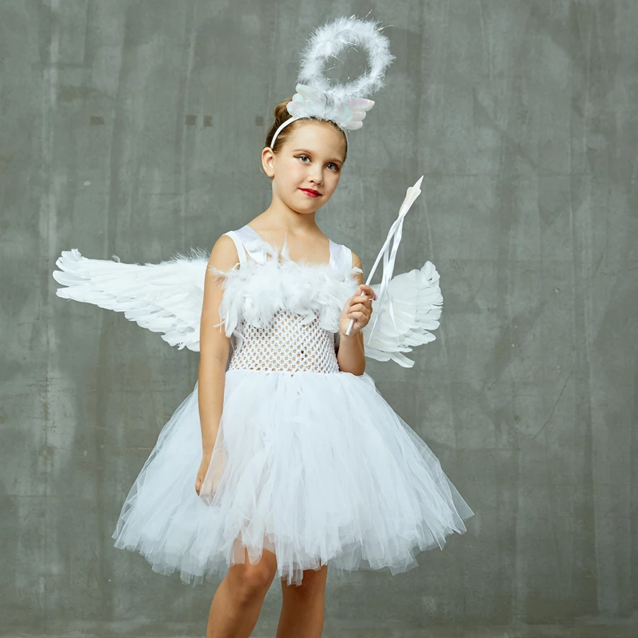 White Angel Girls Feather Tutu Dress Kids Halloween Birthday Party Costume Girl Christmas Nativity Dress with Wings Halo Outfit (1)