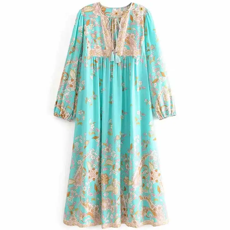 

Rowling chic turquoise floral maxi boho dress long sleeve V-neck 2020 new autumn dress holiday tassel tied bohemian women dress