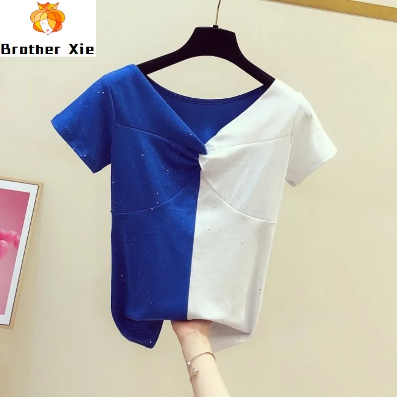 

Plus Size Summer Tshirt Woman New Korean Fashion Cross V-neck Short Sleeve Sequin Tshirt Contrast Color All-match Tops T Shirts