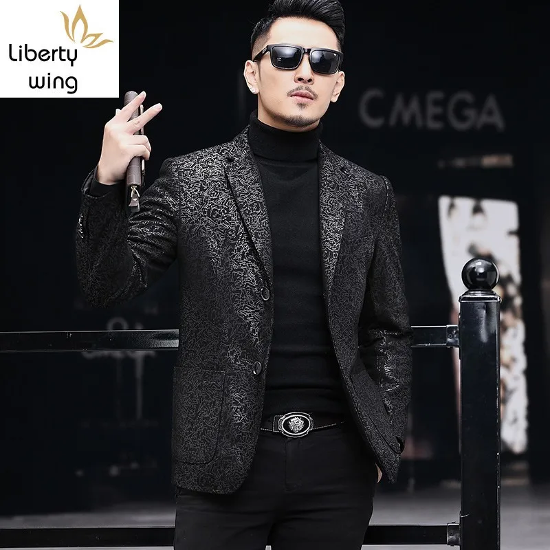 

Fashion Business Men Slim Fit Sheepskin Blazer Banquet Party New Striped Printed Genuine Leather Jacket Suit Coat