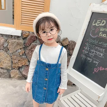 

2019 Autumn New Arrival Korean style pure color all-match t-shirt with fashion denim suspender dress for cute sweet baby girls
