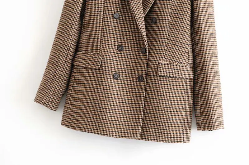 NoEnName_Null Vintage Casual Plaid Blazer Women Fashion Double Breasted Office Ladies Jacket Coat Female Notched Collar Suits 50