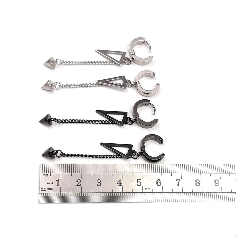 Black Stainless Steel Stud Earrings Cone Triangle Tassel Pendant Black Steel Color Ear Clip Rapper Women Men