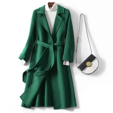 Новое поступление шерстяное пальто Брендовое зимнее шерстяное пальто толстое кашемировое пальто однотонное женское зеленое пальто с поясом длинное шерстяное пальто