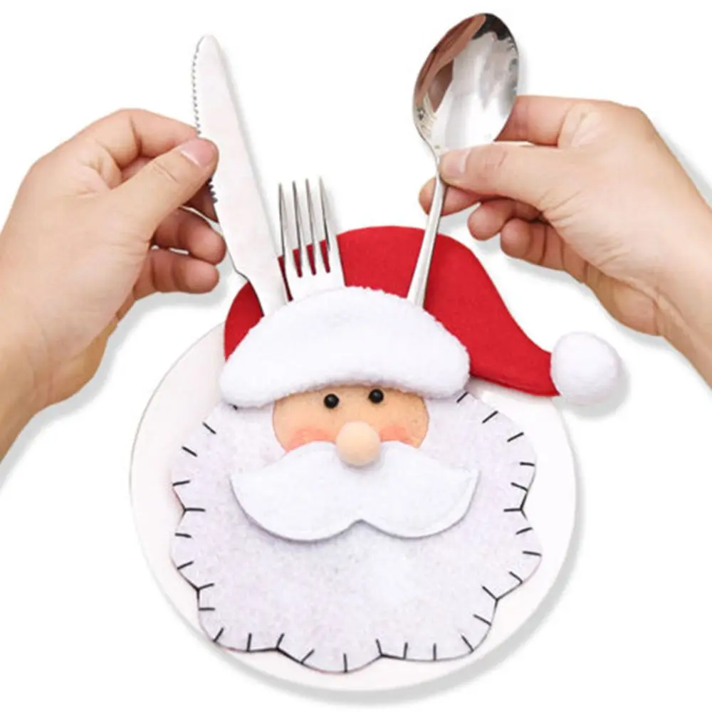 Santa Hat Reindeer Christmas New Year Pocket Fork Knife Cutlery Holder Bag Home Party Table Dinner Decoration Tableware