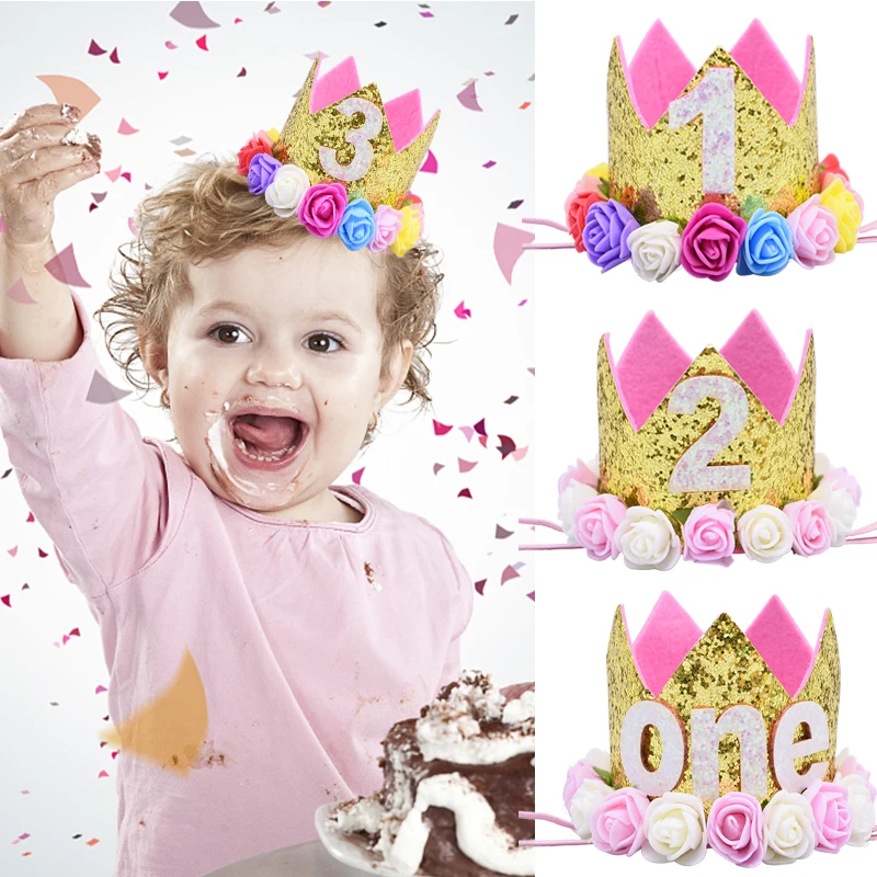 Gorros de corona de flores para niños, gorro de primer cumpleaños, 1 unidad