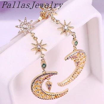 

3Pairs,Gold Color Earring For Women Lady Sparking Cubic Zirconia Rainbow CZ Crescent Moon Charms Dangling Earrings