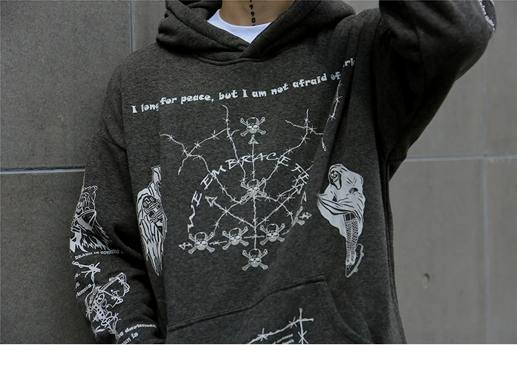 2021 Hip Hop Hoodie Sweatshirt Men Streetwear Skull Graffiti Print Hoodie Pullover Cotton Autumn Grey Harajuku Punk Clothes New