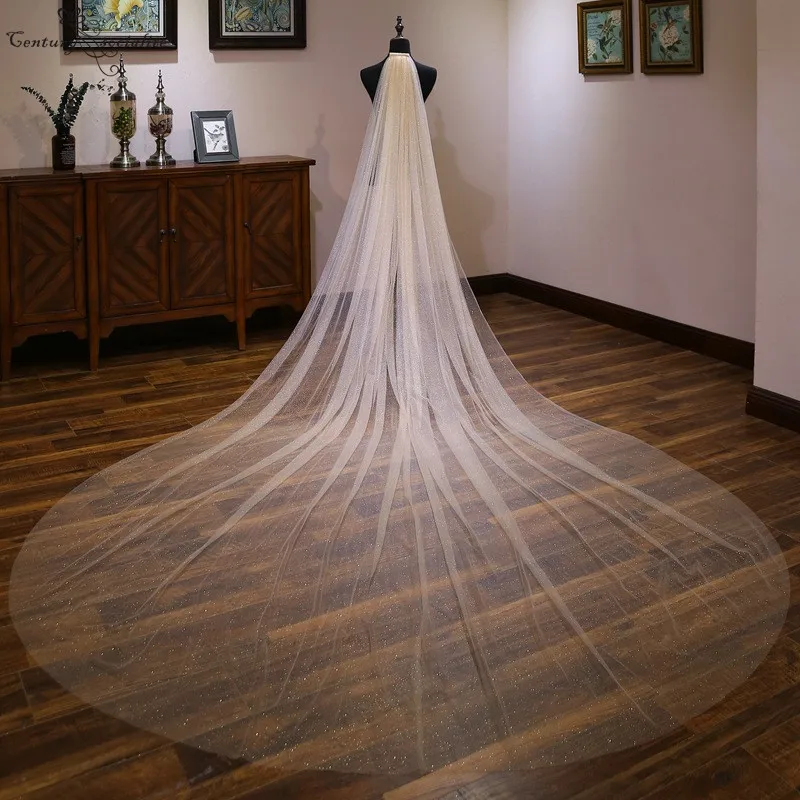 Блестящая свадебная вуаль цвета шампанского с гребнем длиной 4 метра, блестящая свадебная вуаль, свадебные аксессуары, один слой Velos De Noiva