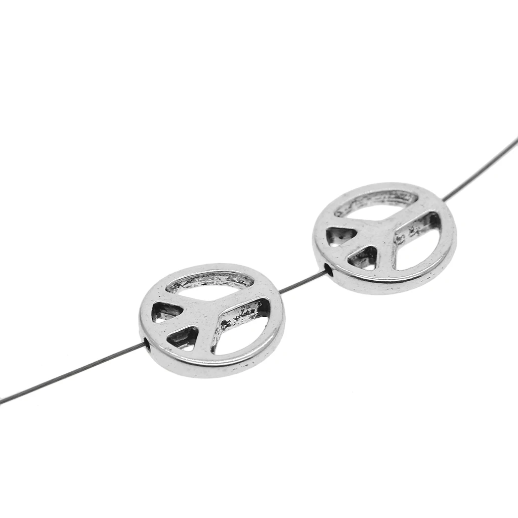 50pcs Tibetan silver color Round Flat Spacer Beads Peace Symbol Charm Beads Necklace Bracelet Beads 1.2mm Hole DIY Jewelry Accessories