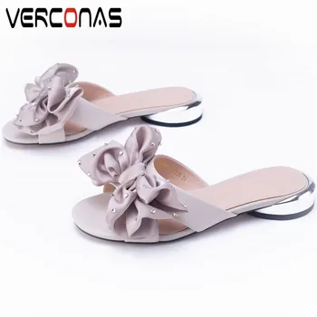 

VERCONAS Women Slippers Genuine Leather Rhinestones Sandals Thick Heel Butterfly Knot Basic Shoes Thick Heels Summer Shoes Woman