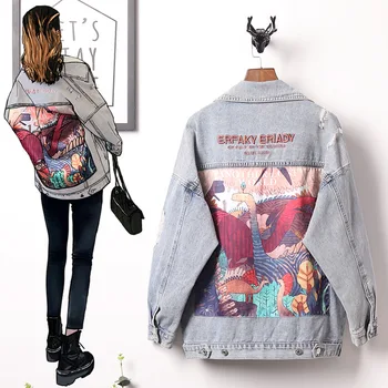 

Women Casual Denim Jacket Jeans Tops Back Embroidery Trucker Coat Outerwear Button Down Jeans Coat Women