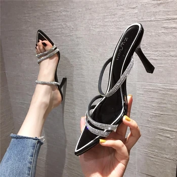 

Summer 2020 new rhinestone word open toe sandals and slippers triangle fine heel pointed high heels women