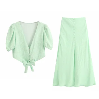 

2020 Summer Women Casual 2 piece sets Polka Dot V-Neck Short Shirts Tops and Skirts Female Street Sweet Two pieces set Suits