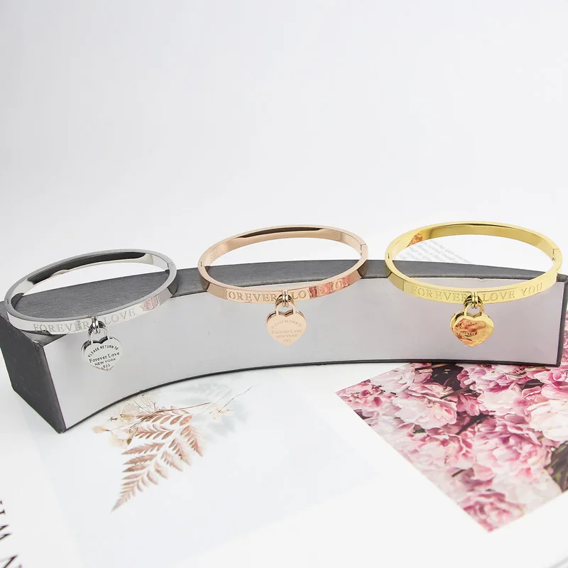 Classic Stainless Steel Gold Colour Bracelets & Bangles Jewelry Fine Double Peach Heart Love Bracelets Female bangle bracelet stainless steel bracelet