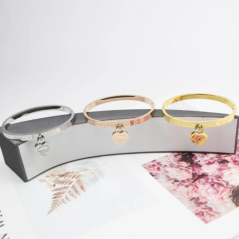 Hot Classic Stainless Steel Gold Colour Bracelets & Bangles Wholesale Jewelry Fine Double Peach Heart Love Bracelets Female