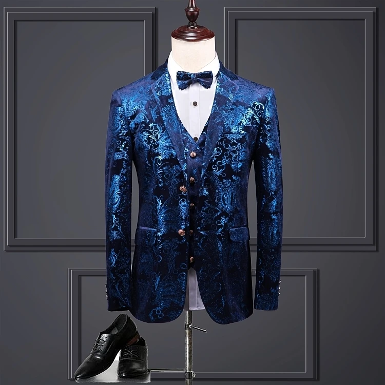 Бренд Slim Fit повседневные Цветочные костюмы Мужская s Мужская рубашка в полоску смокинг 3 шт мужской костюм Плюс Размер свадебное платье костюм мужская одежда