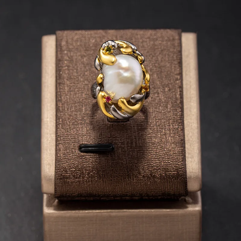 100% Кольцо с натуральным пресноводным жемчугом большое жемчужное кольцо в стиле