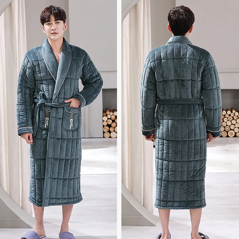 mens pajama pants Winter Men's Bathrobe Terry Robe 3-layer Flannel Super Thick Warm Dressing Gown Luxury Solid Plaid Long Robe For Man Towel Towel mens silk pajamas short set