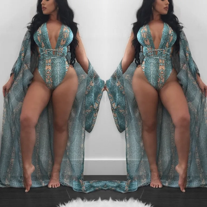 2020 New Bikini One Piece Sexy Swimsuit for Women Swimwear Print One-piece Swimming Suit + Long Beach Cover-up Set Plus Size