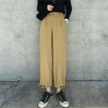 

Solid Suit Pants womens 2020 New Fashion Button korean Style Straight Leg Pant Female High Waist Loose Vintage Casual Trousers