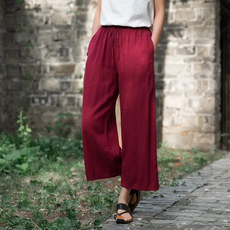 Johnature 2020 Autumn Women New Retro Elastic Waist Cotton Linen Lace Up Wide Leg Pants Loose Casual All-match Ankle-length Pant