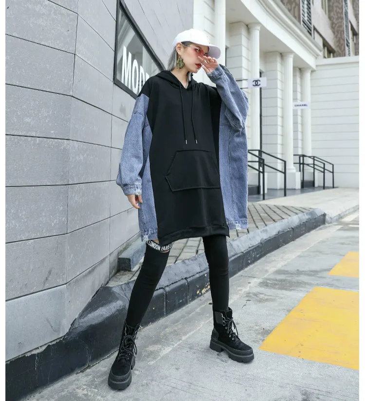 Max LuLu/Осенняя модная одежда, Женская Корейская дизайнерская уличная одежда, женские джинсовые длинные толстовки с капюшоном, повседневные свитшоты в стиле пэчворк
