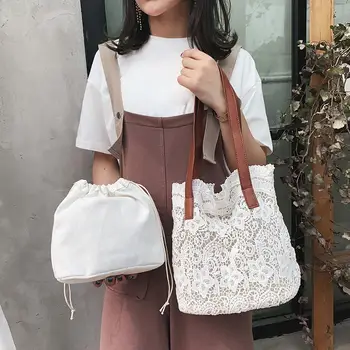 

Casual Shoulder Women Handbags Summer Beach Travel Lace Splicing Hollow Out Bags Ladies Casual Shopping Top-handle Bags