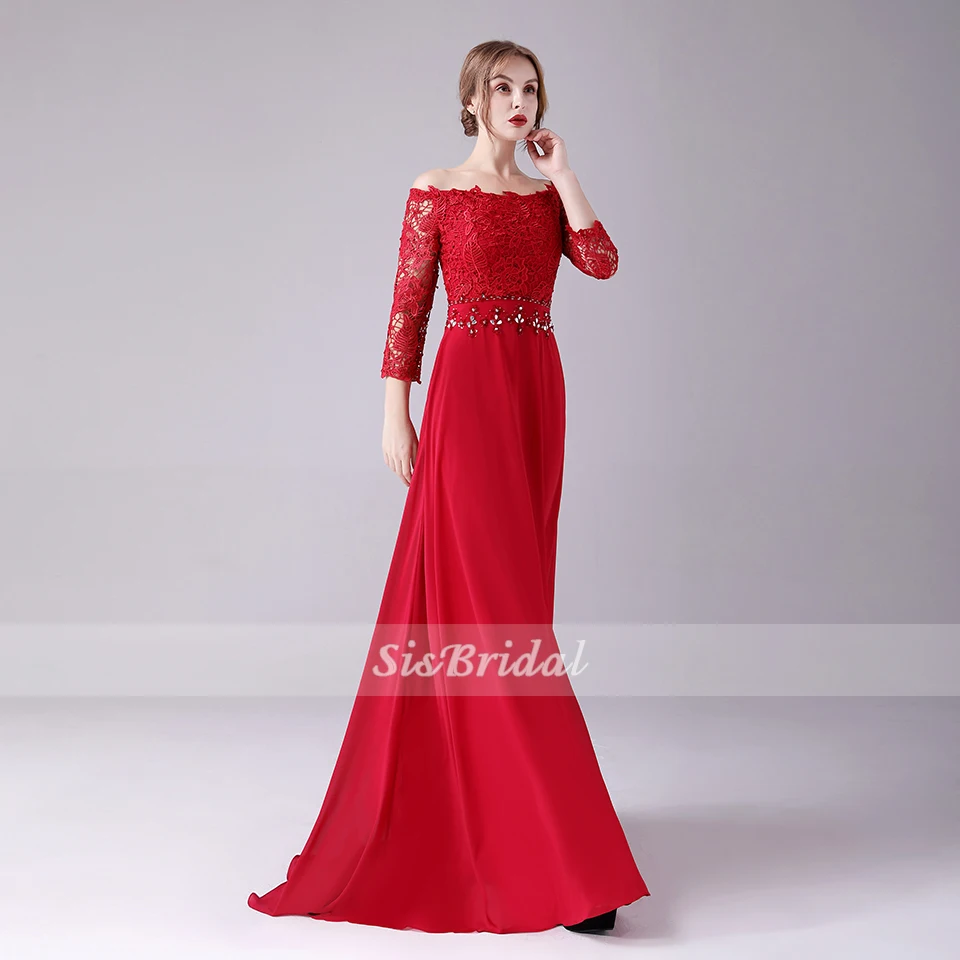 A-Line Off-the-shoulder Sweep/щетка поезд шифон Кружева Вечернее платье с кристаллами