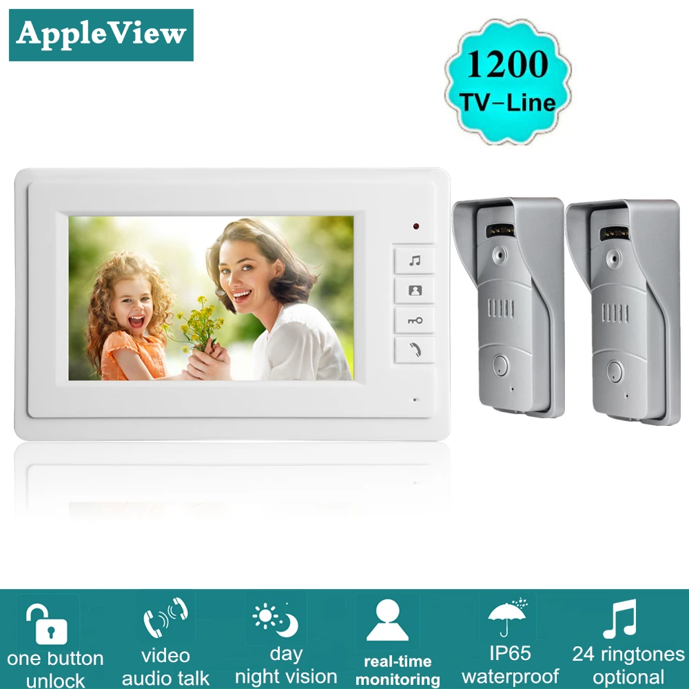

7 Inch Wired Video Intercom System With Two 1200TVL Video Doorbell + One Indoor Monitor One Key Unlock for Home Security