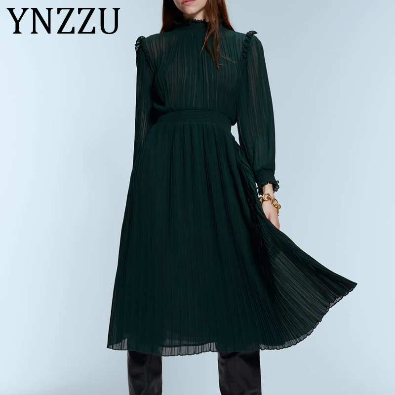 YNZZU элегантное Новое весенне-осеннее плиссированное платье для женщин темно-зеленое длинное с рюшами Воротник Высокая талия женское шифоновое платье Vestidos AD297