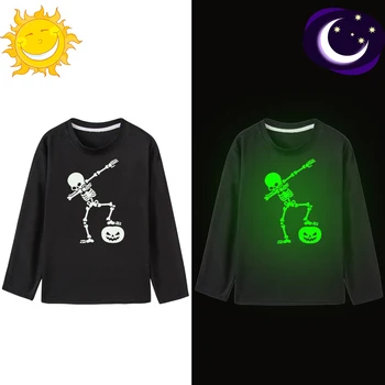

Dabbing Skeleton Pumpkin Funny Kids Luminous Tshirt Boy Girl Halloween Long Sleeve Glow In Dark T-shirt Toddler Noctilucent Tee