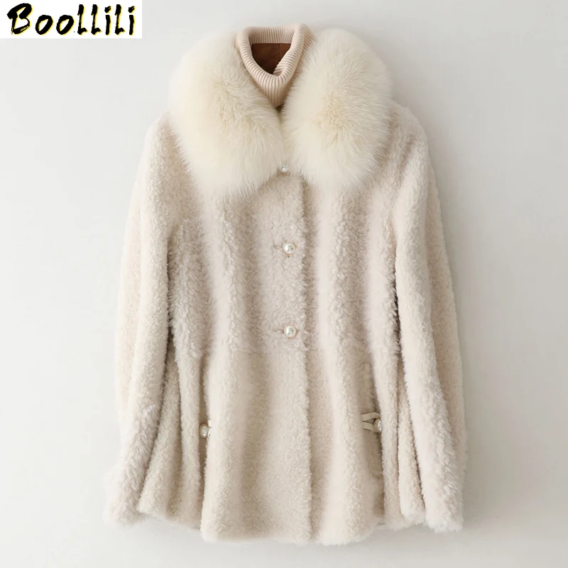 Boollili Real Fur Coat Female Sheep Shearling Jacket Winter Women Fox Collar Wool Coats Korean Manteau Femme | Женская одежда