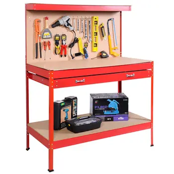 

Costway Work Bench Tool Storage Steel Tool Workshop Table W/ Drawer and Peg Board Red