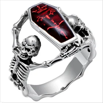 

Punk Vintage Vampire Coffin Skull Ring Rock Style Men's Finger Ring Motor Biker Jewelry Gift Silver-Color