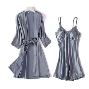 

Gray Satin Bride Bridesmaid Wedding Robe Set Casual Soft Women Twinset Robe Set Nightgown Sexy Short Kimono Gown 2PCS Homewear