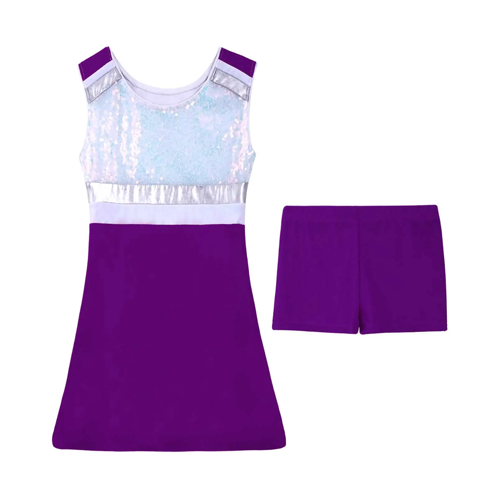 Kids Cheerleading Dancewear Girls Dance Outfit Sleeveless Shiny Sequins Sport Dress with Shorts Set Jazz Ballroom Dance Costume