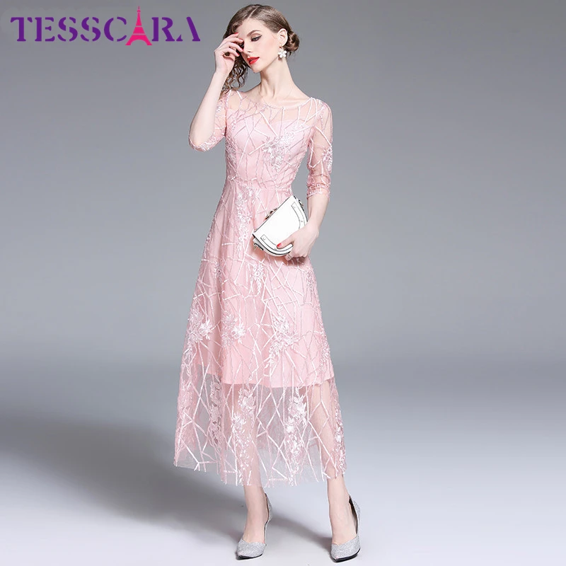 TESSCARA женское длинное розовое Сетчатое платье с вышивкой Festa Женская Высококачественная свадебная Женская одежда для вечеринки Дизайнерские Платья с цветочным рисунком для девочек