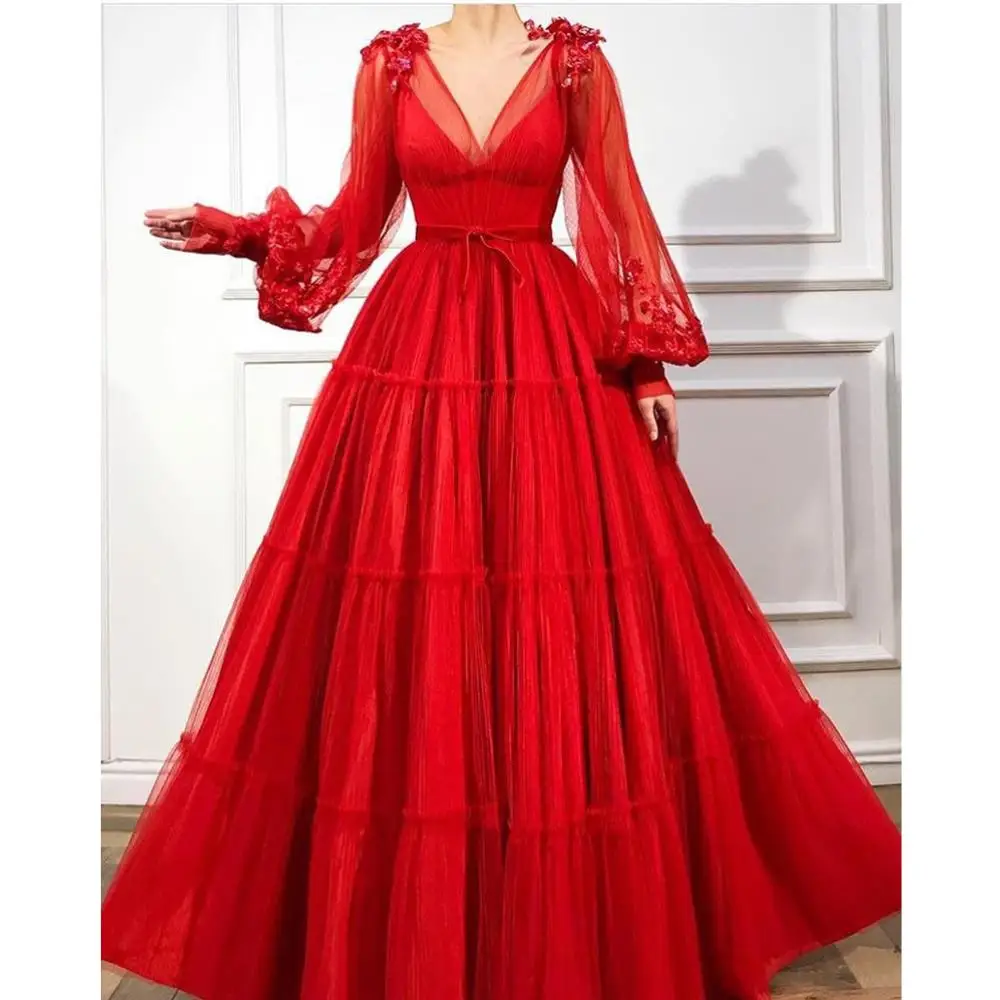 

Vintage Red A Line Evening Formal Dress Party Gown V Neck Puffy Long Sleeves Long Prom Gowns Bride Engagement Dress Abendkleider