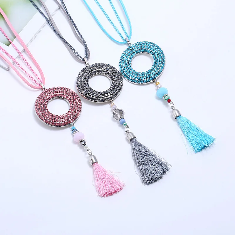 Модное женское ожерелье с круглым кулоном из ткани кристаллами Классическая