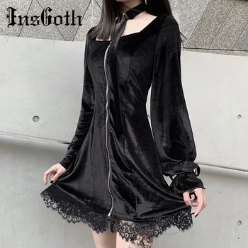 

InsGoth Harajuku Grunge Lace Long Sleeve Dress Women Party Mini Black Halter Dress Gothic Streetwear Velour Square Neck Dress