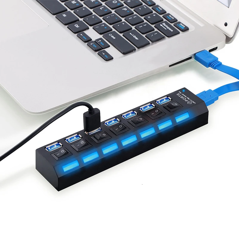 7 портов USB 3,0 концентратор светодиодный высокоскоростной разветвитель удлинитель Кабель адаптер переменного тока