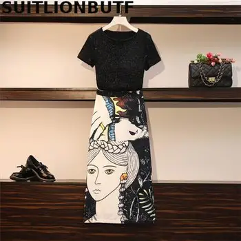 

Perfect Quality Elegant Ladies 4xl Plus Size Two Piece Set Black Knitted T Shirt Character Long Skirt Vintage E Girl Skirt Set