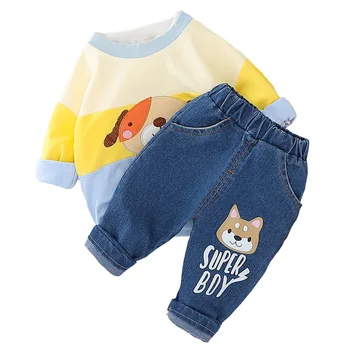 

2020 New Autumn And Spring Cute Dog Color Matching Round Neck Toddler Infant Newborn Clothes Cartoon Dog T-shirt Jeans Children