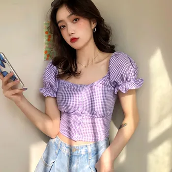 

Women Plaid Print Puff Sleeves T-Shirt Square Collar Tops Fashion Ruffles Short Sleeve T-shirts