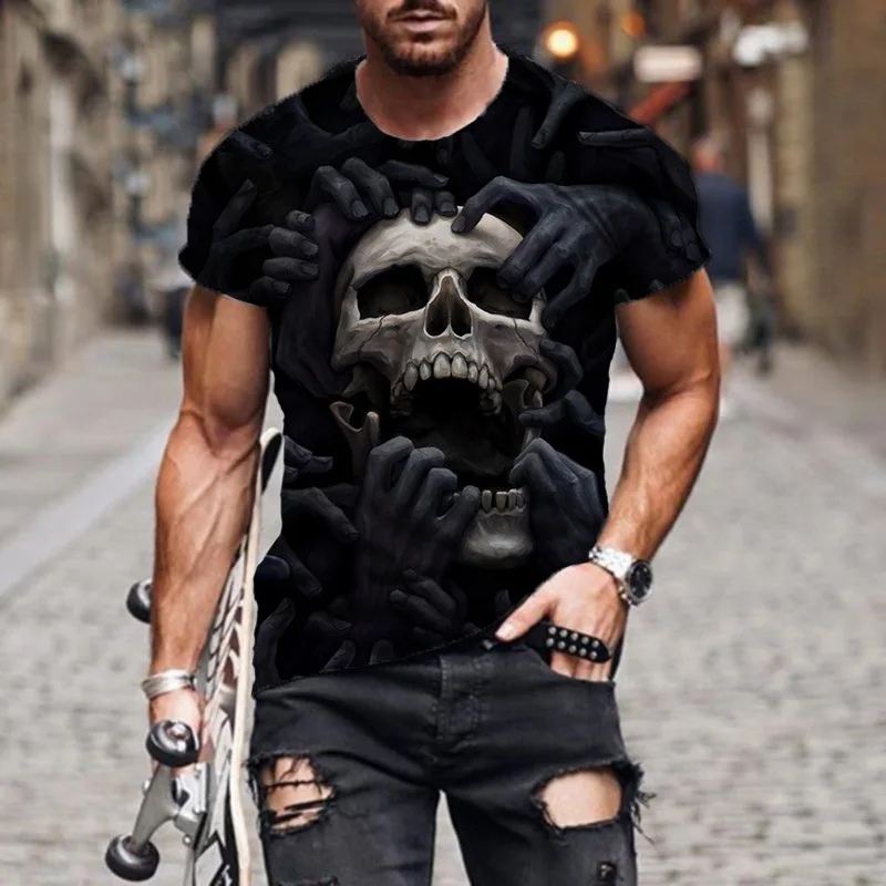 

2021 New Men's Short Sleeve 3D Digital Skull Print T-shirt Men's Round Neck Loose Short Sleeve Top t shirts men