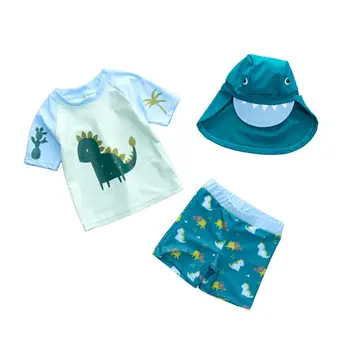 

3pcs/set Short Sleeve Swimwear Shorts Hat Baby Boys Cartoon Dinosaur Sunscreen Swimsuit Summer