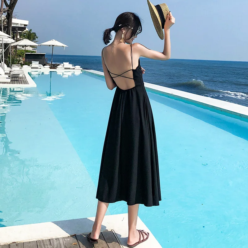 Korean Runway 2 Colors Summer Women Black Backless Straps Sundress Female  Fairy Elegant Party Vacation Long Beach Dress Vestidos - Dresses -  AliExpress