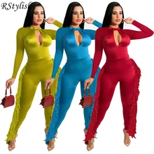

RStylish Autumn Winter Women Long Sleeve Cut Out Front Skinny Tassel Splicing Playsuit Vintage One Piece Jumpsuit